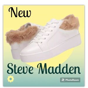 Steve Madden Brenner Court Sneakers Platform Nib 7.5 White Tan Fur Lined Collar